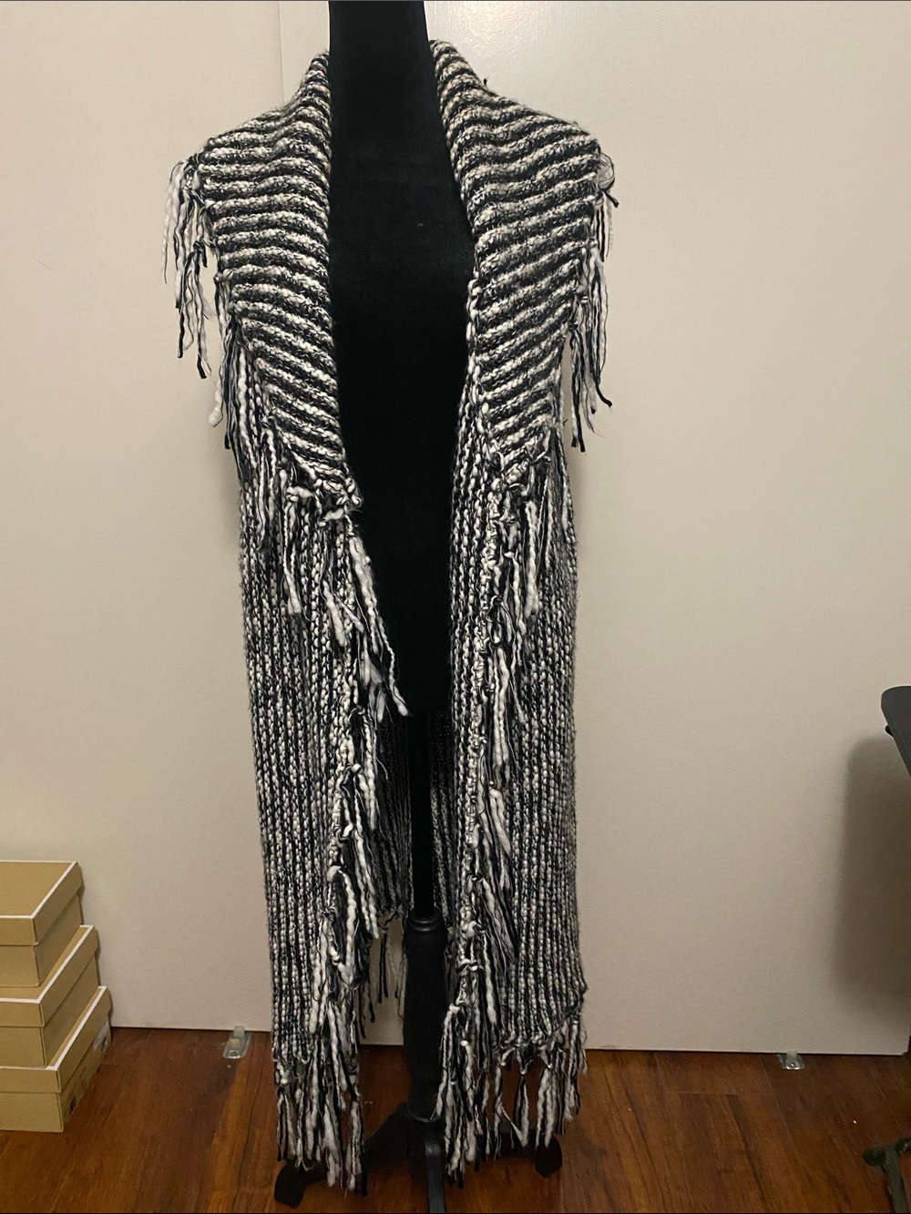 Chicoβs Fringed Open-Front Knit Vest - Black & White